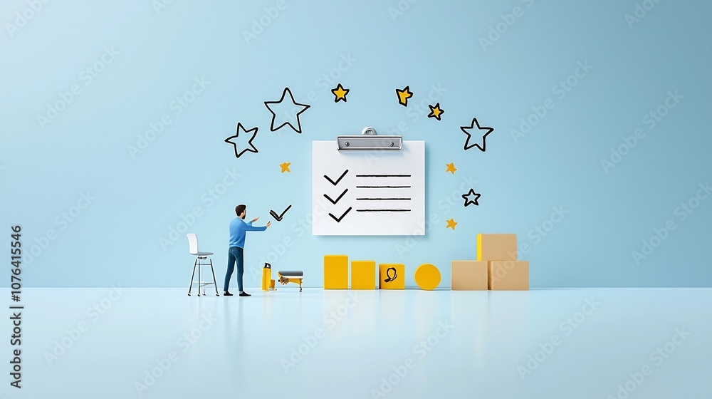 Poster of a man checking off items on a clipboard surrounded by stars representing systematic work and successful task management in a light blue color scheme
