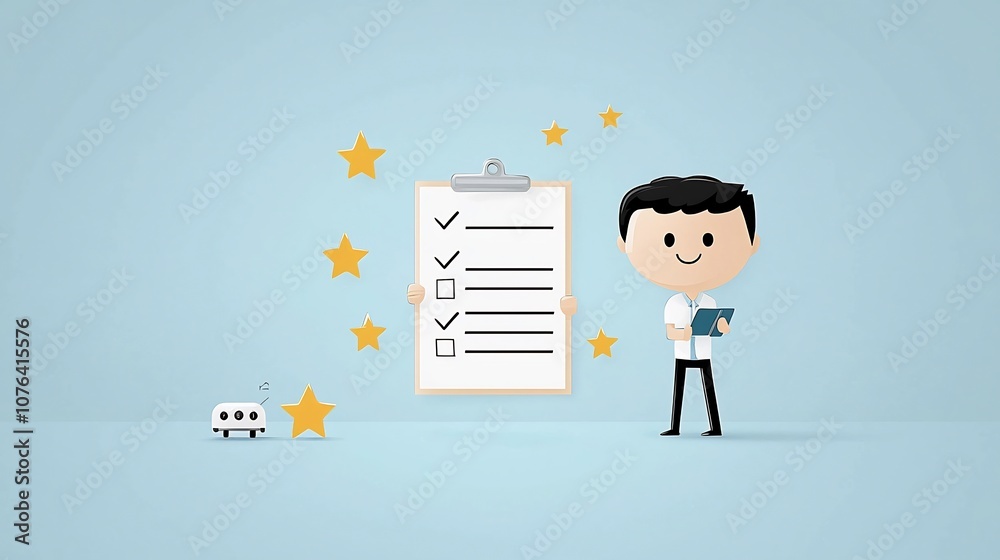 Leinwandbilder of a man systematically checking off items on a clipboard surrounded by glowing stars in a light blue color scheme representing successful task management and productivity