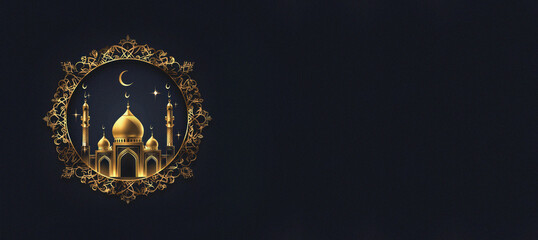 Ramadan Kareem greeting card with mosque and Arabic frame ornament  illustration banner template design for Ramadan Kareem theme,dark blue background. suitable for a commercial ad poster.