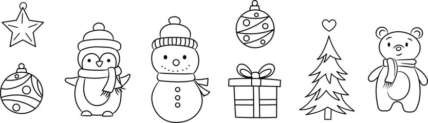 Cute Christmas line art illustration, minimalist vector holiday clip art set, isolated
