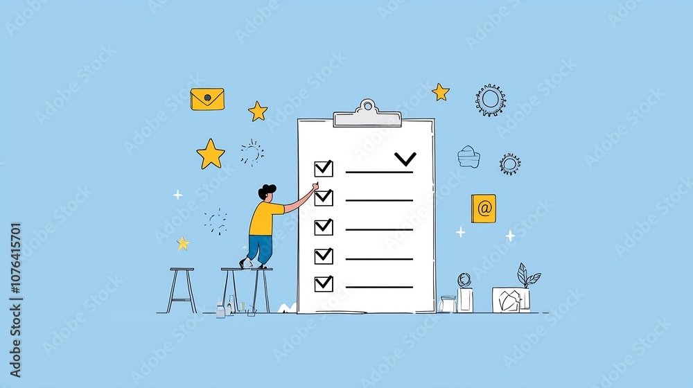 Leinwandbilder of a man marking off completed tasks on a giant checklist clipboard with star icons in the backgroun