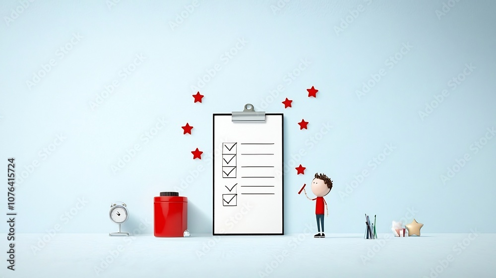 Aufkleber of a man marking off completed tasks on a giant checklist clipboard with star icons in the backgroun