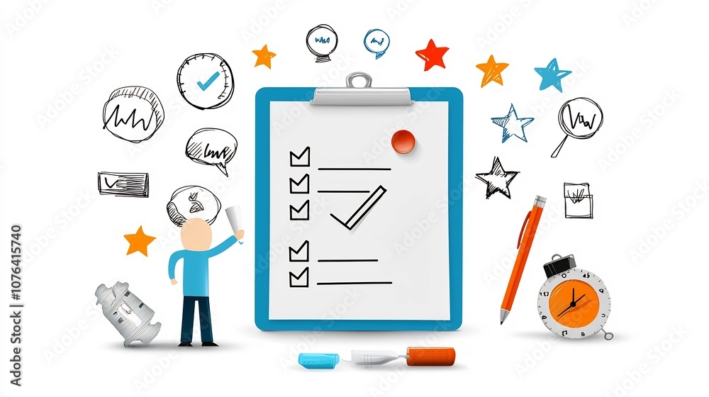 Aufkleber of a man marking off completed tasks on a giant checklist clipboard surrounded by star icons represe