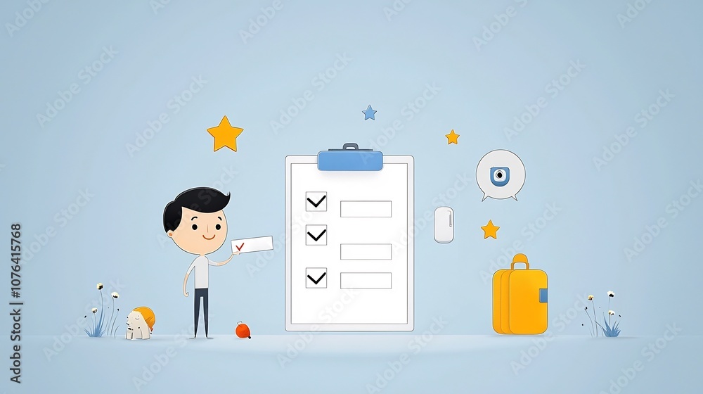 Leinwandbilder depicting a man marking off completed tasks on a giant checklist clipboard with star icons in the ba