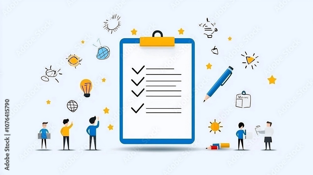 Poster Flat depicting a business checklist with a man in blue uniform checking off tasks on a large clipboard surrounded by stars and sparkles representing achievement organization