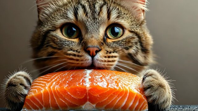 Tabby cat relishing a delectable salmon fillet with joyful delight