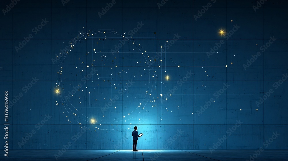 Leinwandbilder of a man in blue methodically inspecting and checking items on a large clipboard with shining stars and sparkling elements in the background symbolizing achievement orderly planning