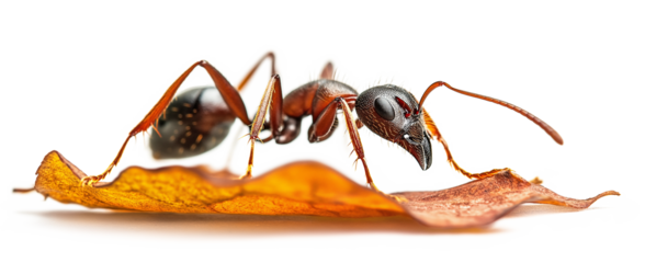 An ant is trying to carry a leaf back to its colony isolated on a white background