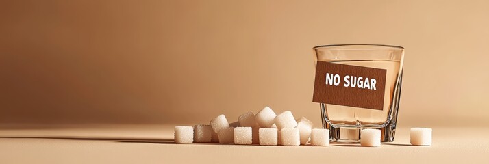 Glass of water with no sugar label promoting sugar free lifestyle and emphasizing dangers of excessive sugar consumption, suggesting sugar reduction for improved health