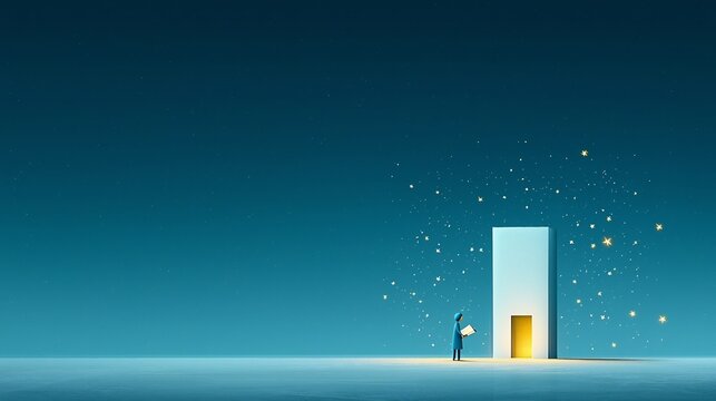 of a man in blue methodically checking items on a large clipboard with stars and sparkles in the background symbolizing his achievement and orderly planning approach