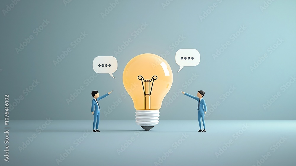Aufkleber vibrant cartoon depicting a large lightbulb made up of colorful speech bubbles with two team members