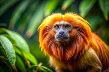 Captivating Portrait of a Golden Lion Tamarin in Its Natural Habitat, Showcasing the Unique Features and Stunning Colors of This Endangered Primates with Lush Greenery Background