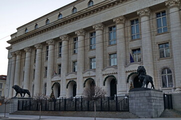 View of the festively decorated with Christmas trees building of the Courthouse in the city of Sofia, Bulgaria