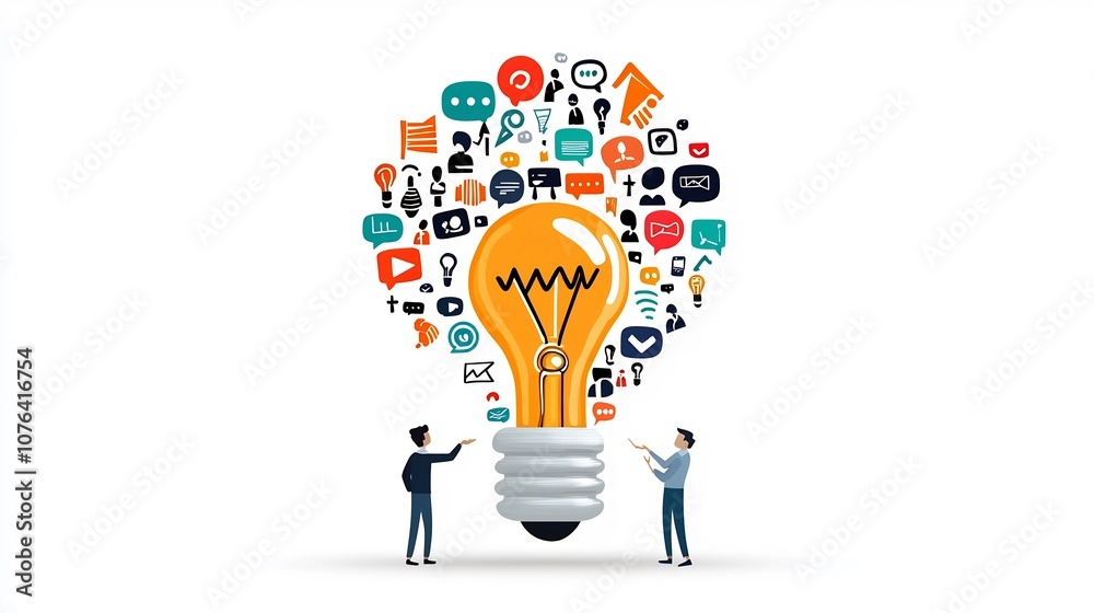 Poster Flat close up of a lightbulb composed of diverse speech bubbles with two businesspeople pointing towards it representing brainstorming communication and team in the workplace