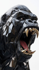 black and gold gorilla head made of geometric shapes, with sharp teeth and a red tongue