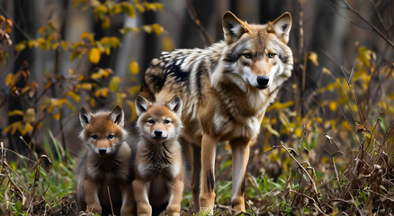 A she-wolf with cubs in the forest. Little cubs next to their mother. Wildlife.