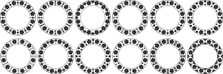 Set of Chinese new year elements frames,  lanterns, flowers, bamboo,hearts, wavy ornament. Festive floral elements round composition. Hand drawn vector flat floral decorative elements.