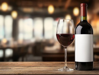A bottle of red wine with a glass on a wooden table in a cozy restaurant setting.