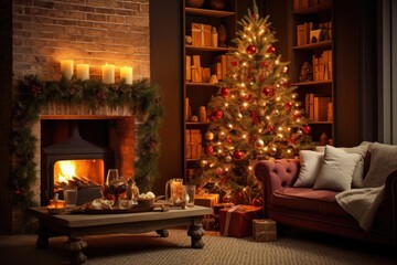 Warm living room christmas tree architecture.