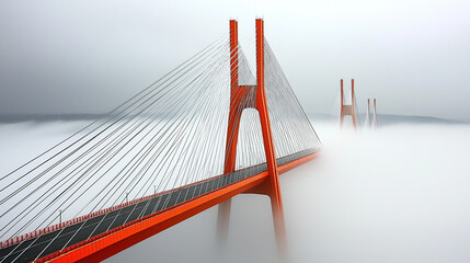 close-up photograph of a large suspension bridge partially obscured by fog.