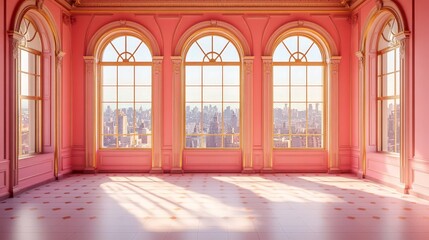 Fototapeta premium Elegant Pink Room with Sunlight Streaming Through Arched Windows
