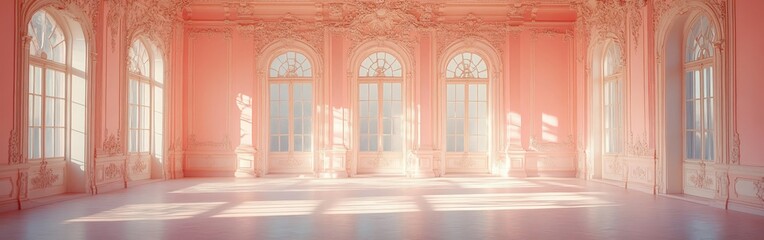 Luxurious elegant pink room with ornate windows and soft lighting