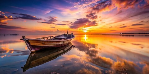 Captivating Silhouette of an Old Wooden Boat Against a Stunning Sunset Sky, Evoking Nostalgia and the Beauty of Nature in Tranquil Waters