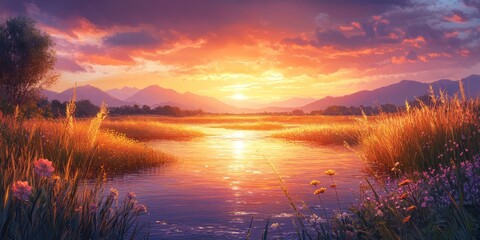 Serene Sunset Over a River Winding Through a Meadow