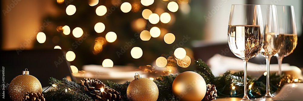 Poster Elegant Christmas Table Setting with Champagne and Golden Decorations : Generative AI