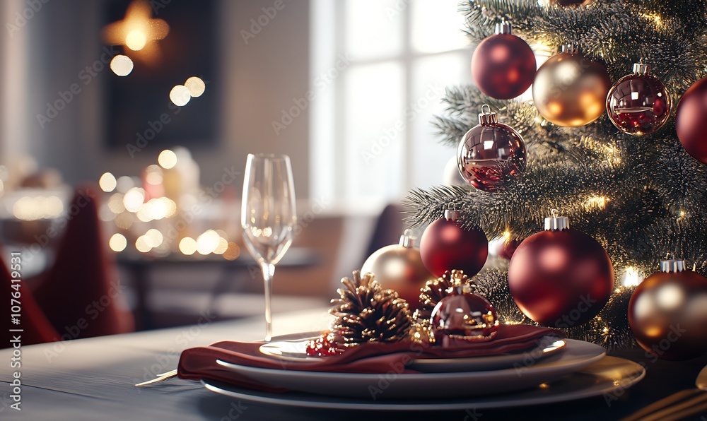 Poster elegant christmas table setting with decorated tree in festive dining room ambiance : generative ai