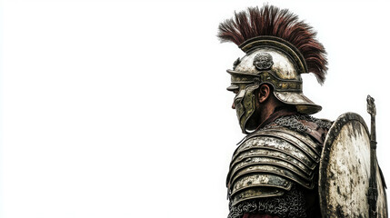 Fototapeta premium Roman Soldier in Battle Readiness Stance, Adorned in Full Armor with Distinctive Helmet and Shield, Captured in Dramatic Detail Against a Minimalistic Background