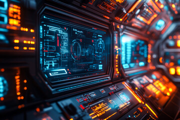 Obraz premium Sci-Fi Space Station Interior with Digital Displays