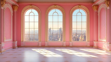 Fototapeta premium Elegant Pink Room with Sunlight Streaming Through Arched Windows