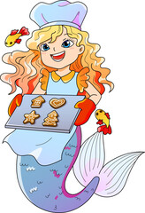 Kawaii cartoon mermaid girl holds cookies and wear chef costume. Vector fairytale about underwater habitants and bakery theme for print, fantasy tales and children stationery in manga style. 