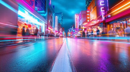 Obraz premium Neon-Lit Street at Night with Shops, Bars, and Bustling City Atmosphere