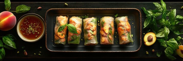 Five spring rolls are arranged in a black rectangular dish