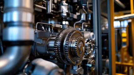 Fototapeta premium Close-Up of Large Industrial Gears and Machinery in Factory Setting