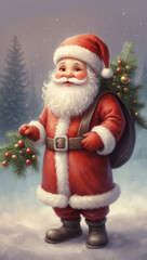 Santa Claus with a Christmas tree, gentle pastel colors, oil painting