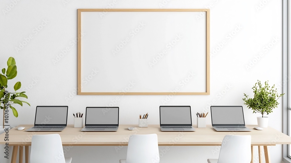Fototapete minimal and modern office workstation with six laptops arranged on a shared desk offering a clean an