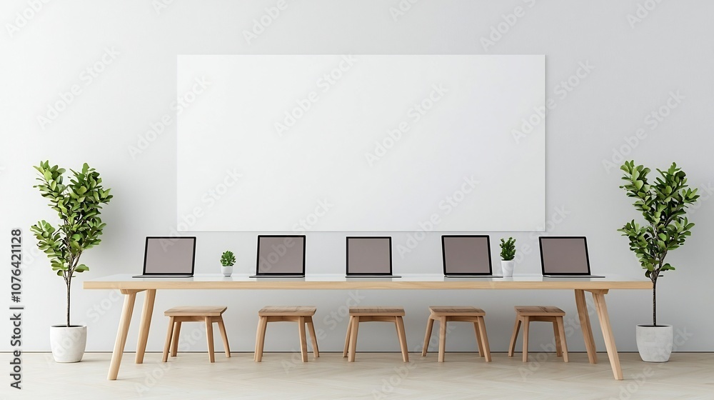 Aufkleber spacious clean lined office area featuring a single modern table with six laptops set up for product