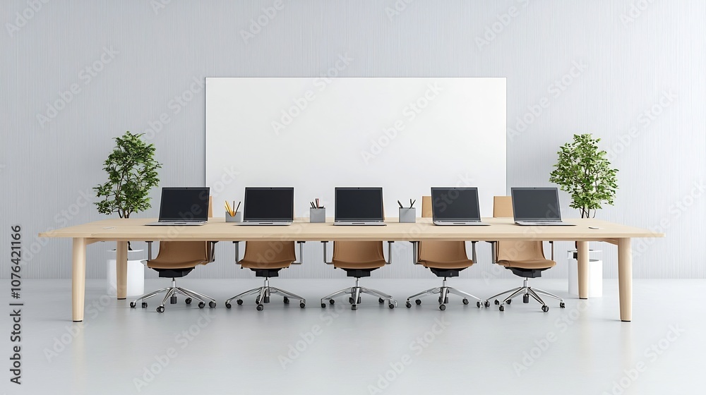 Poster spacious and modern office area featuring a clean lined table with six laptops ideal for mockup desi