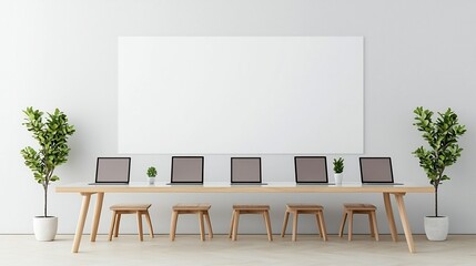 Spacious clean lined office area featuring a single modern table with six laptops set up for productive creative work in a soothing neutral color palette