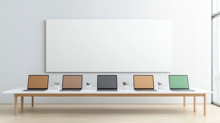 Spacious and organized office workspace with six laptops neatly arranged on a clean lined modern table against a blank wall ideal for mockup designs in a soothing color palette