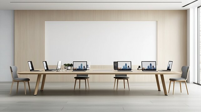 Serene and Minimalist Open Workspace Featuring Six Laptops Placed Across a Large Modern Table a Blank Wall for Mockup Display and a Calming Neutral Color Theme Throughout the Room