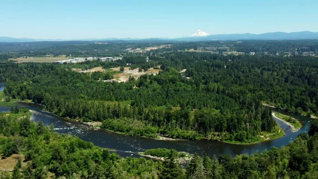USA, OR, Estacada, Clackamas River, 2024-07-14 - Flying over the Clackamas River at Milo McIver State Park with Mt Hood in the distance.