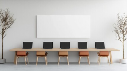 Serene and Modern Workspace Featuring Six Laptops on a Streamlined Desk Setup with Blank Wall for Potential Mockups and a Visually Relaxing Soft Toned Interior Design