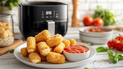 Crispy Mozzarella Sticks with Marinara Sauce on Plate