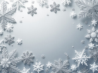 シルバーの背景にキラキラした雪の結晶をちりばめた画像。クリスマス、冬をイメージ。