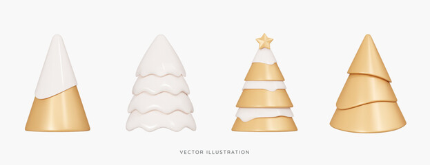 3D Golden Christmas tree icon set. New year emoji objects. Abstract decorations for Christmas cards. Cone pine tree with snow and gold star. Cartoon creative design icons. 3D Vector Illustration