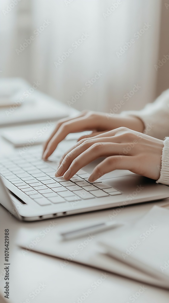 Aufkleber hands typing on a laptop keyboard in a cozy home office setting : generative ai